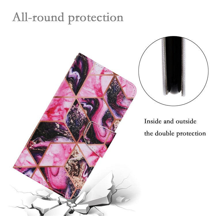 Magnetic Clasp Stylish Pattern Printing Cross Texture Anti-fall Leather Wallet Cover Stand Case with Strap for vivo Y21/Y21s/Y33s - Purple Marble Pattern