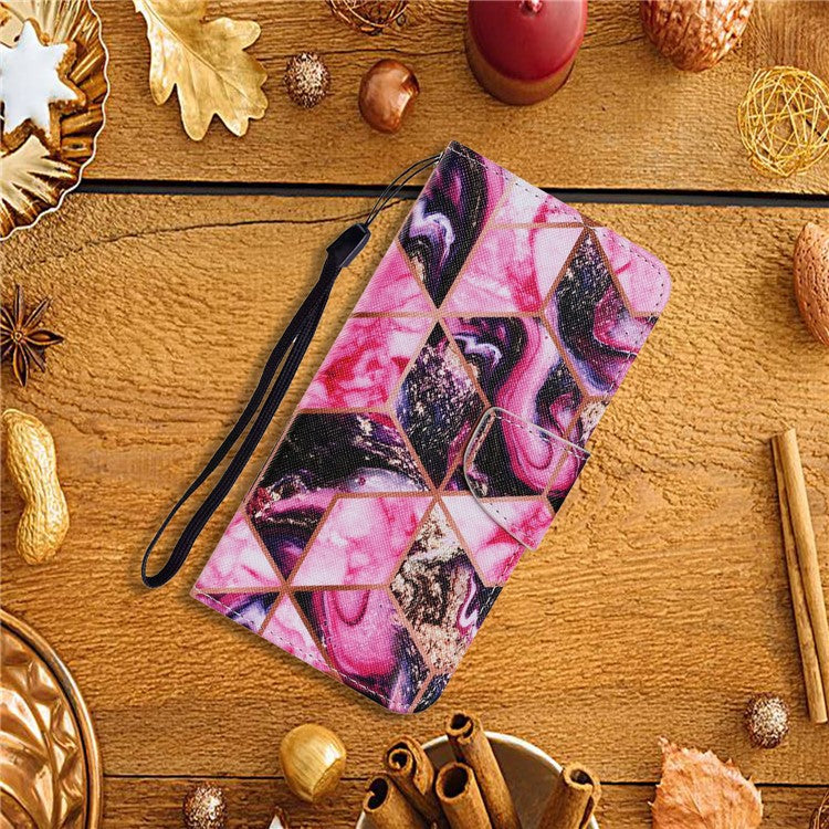 Magnetic Clasp Stylish Pattern Printing Cross Texture Anti-fall Leather Wallet Cover Stand Case with Strap for vivo Y21/Y21s/Y33s - Purple Marble Pattern