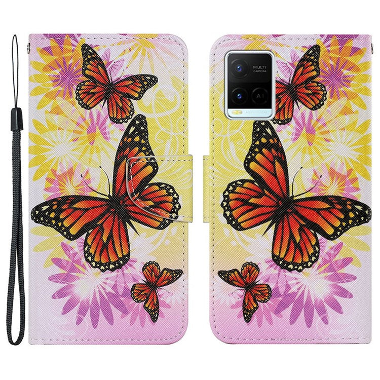 Magnetic Clasp Stylish Pattern Printing Cross Texture Anti-fall Leather Wallet Cover Stand Case with Strap for vivo Y21/Y21s/Y33s - Chrysanthemum and Butterfly