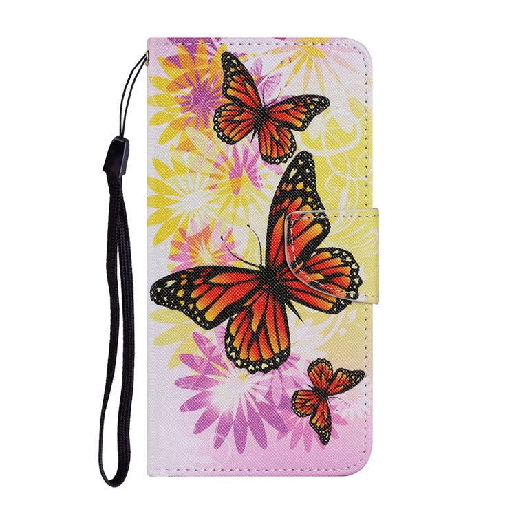 Magnetic Clasp Stylish Pattern Printing Cross Texture Anti-fall Leather Wallet Cover Stand Case with Strap for vivo Y21/Y21s/Y33s - Chrysanthemum and Butterfly