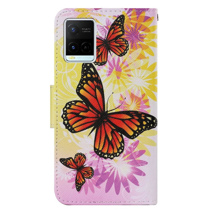 Magnetic Clasp Stylish Pattern Printing Cross Texture Anti-fall Leather Wallet Cover Stand Case with Strap for vivo Y21/Y21s/Y33s - Chrysanthemum and Butterfly