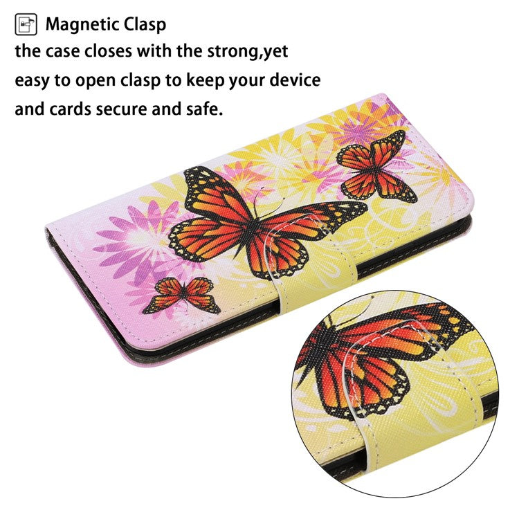 Magnetic Clasp Stylish Pattern Printing Cross Texture Anti-fall Leather Wallet Cover Stand Case with Strap for vivo Y21/Y21s/Y33s - Chrysanthemum and Butterfly