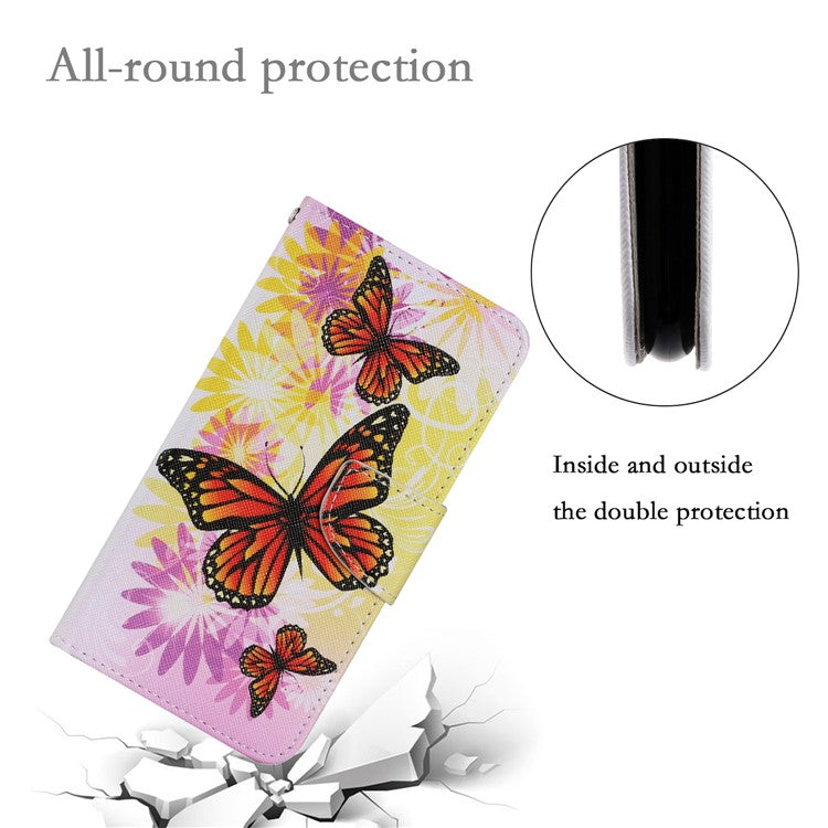 Magnetic Clasp Stylish Pattern Printing Cross Texture Anti-fall Leather Wallet Cover Stand Case with Strap for vivo Y21/Y21s/Y33s - Chrysanthemum and Butterfly