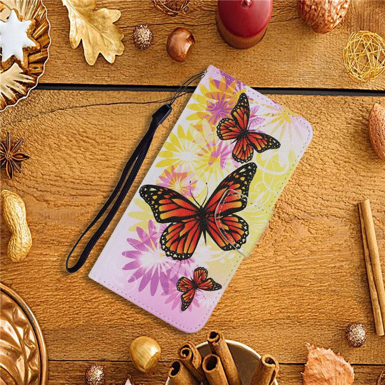 Magnetic Clasp Stylish Pattern Printing Cross Texture Anti-fall Leather Wallet Cover Stand Case with Strap for vivo Y21/Y21s/Y33s - Chrysanthemum and Butterfly