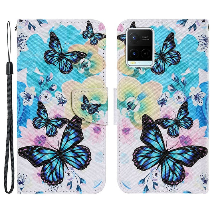 Magnetic Clasp Stylish Pattern Printing Cross Texture Anti-fall Leather Wallet Cover Stand Case with Strap for vivo Y21/Y21s/Y33s - Blue Butterflies