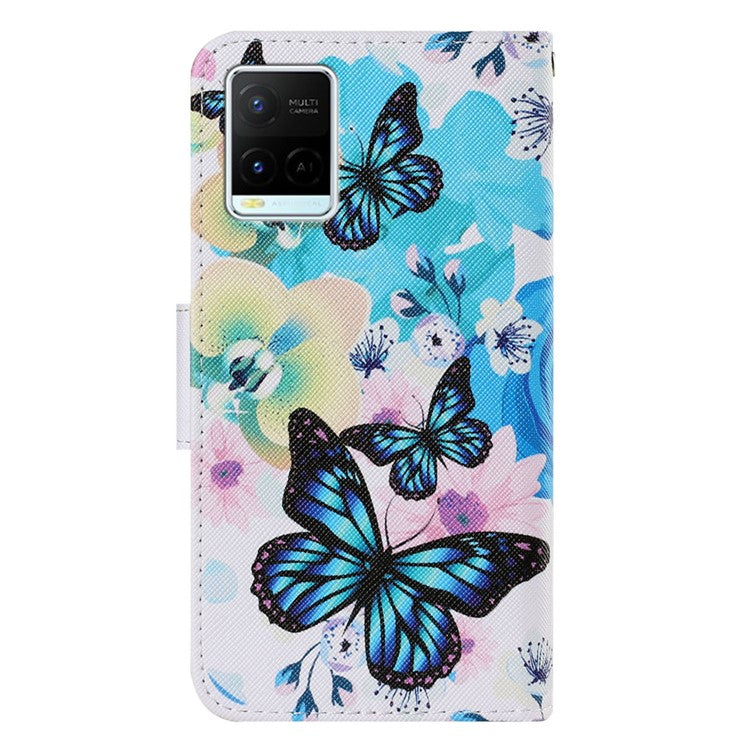 Magnetic Clasp Stylish Pattern Printing Cross Texture Anti-fall Leather Wallet Cover Stand Case with Strap for vivo Y21/Y21s/Y33s - Blue Butterflies