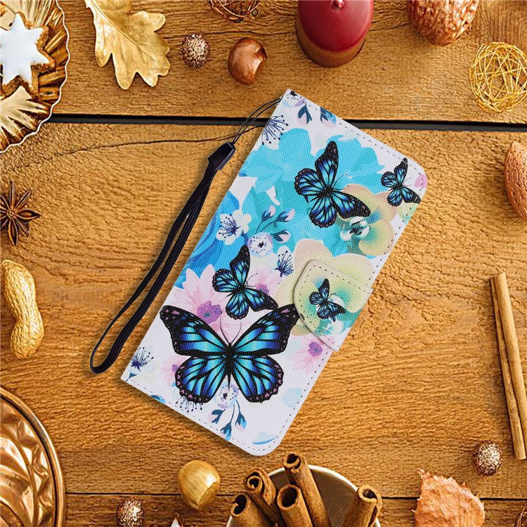 Magnetic Clasp Stylish Pattern Printing Cross Texture Anti-fall Leather Wallet Cover Stand Case with Strap for vivo Y21/Y21s/Y33s - Blue Butterflies