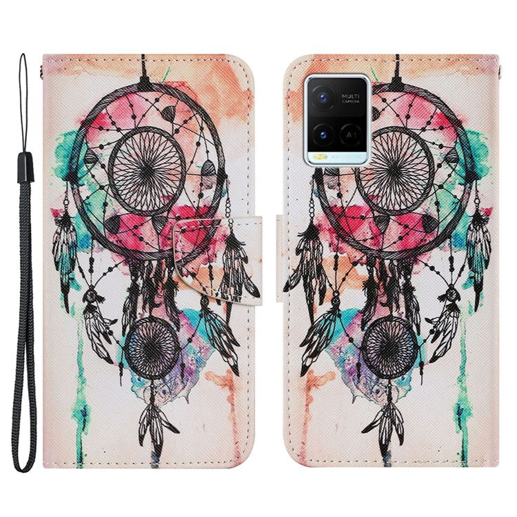 Magnetic Clasp Stylish Pattern Printing Cross Texture Anti-fall Leather Wallet Cover Stand Case with Strap for vivo Y21/Y21s/Y33s - Dream Catcher