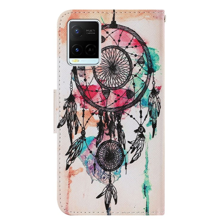 Magnetic Clasp Stylish Pattern Printing Cross Texture Anti-fall Leather Wallet Cover Stand Case with Strap for vivo Y21/Y21s/Y33s - Dream Catcher