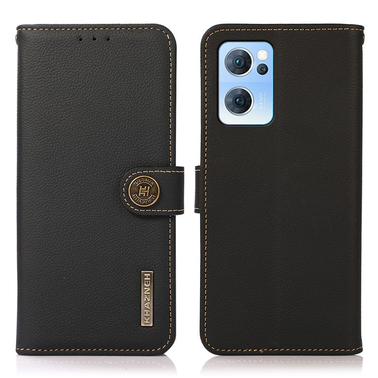 KHAZNEH RFID Blocking Top Layer Genuine Leather Wallet Case Shockproof TPU Shell with Stand for Oppo Reno7 5G (China) - Black