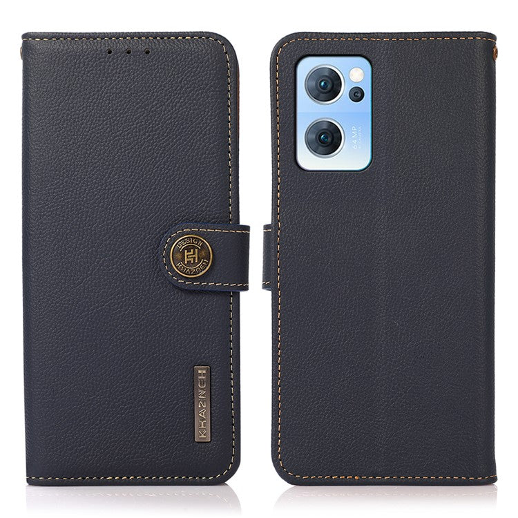 KHAZNEH RFID Blocking Top Layer Genuine Leather Wallet Case Shockproof TPU Shell with Stand for Oppo Reno7 5G (China) - Blue