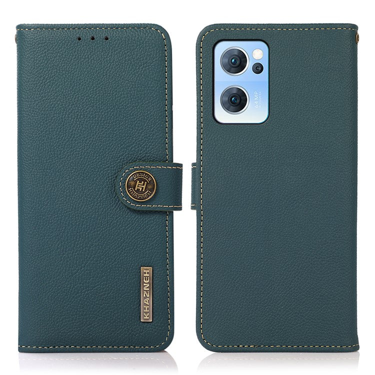 KHAZNEH RFID Blocking Top Layer Genuine Leather Wallet Case Shockproof TPU Shell with Stand for Oppo Reno7 5G (China) - Green