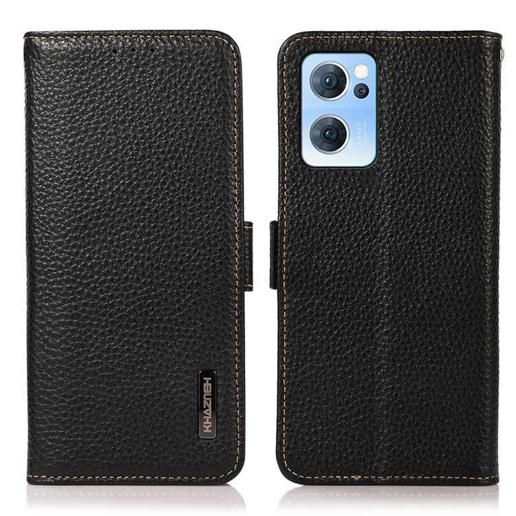 KHAZNEH RFID Blocking Wallet Phone Case Litchi Texture Top Layer Genuine Leather Stand Cover for Oppo Reno7 5G (China) - Black