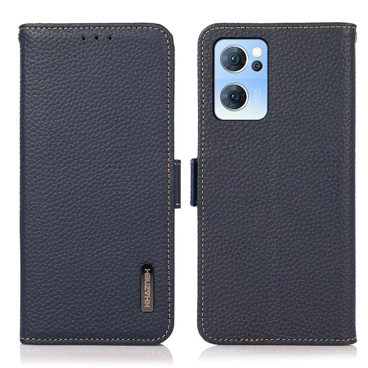 KHAZNEH RFID Blocking Wallet Phone Case Litchi Texture Top Layer Genuine Leather Stand Cover for Oppo Reno7 5G (China) - Blue