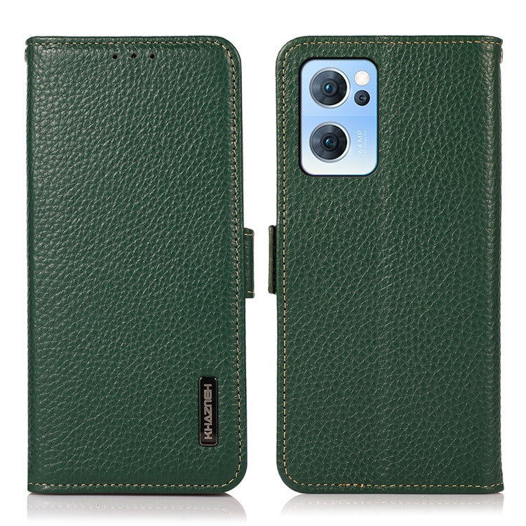 KHAZNEH RFID Blocking Wallet Phone Case Litchi Texture Top Layer Genuine Leather Stand Cover for Oppo Reno7 5G (China) - Green