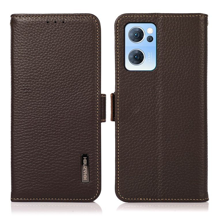 KHAZNEH RFID Blocking Wallet Phone Case Litchi Texture Top Layer Genuine Leather Stand Cover for Oppo Reno7 5G (China) - Brown