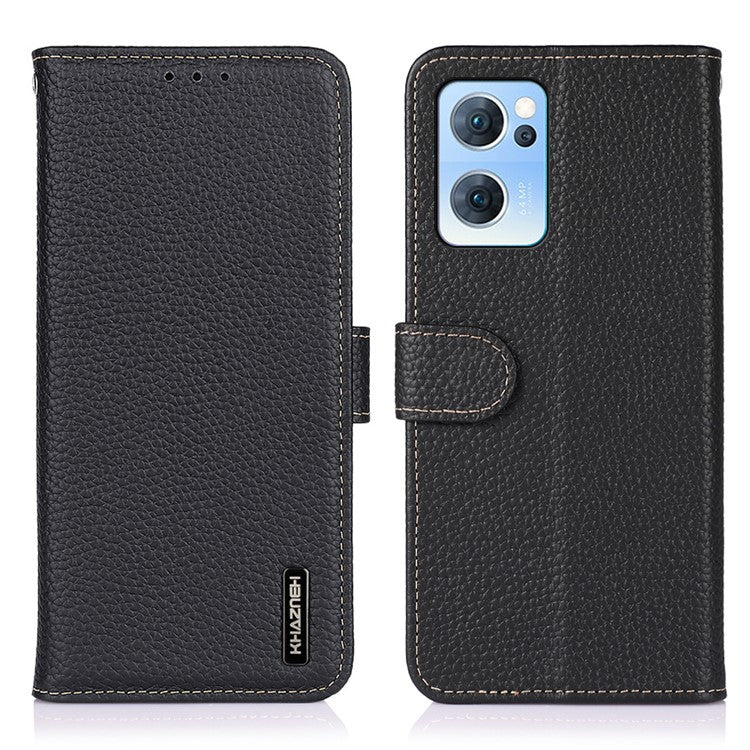 KHAZNEH Litchi Texture Top Layer Genuine Leather Cover Flip Book Stand Shockproof Wallet Phone Case for Oppo Reno7 5G (China) - Black