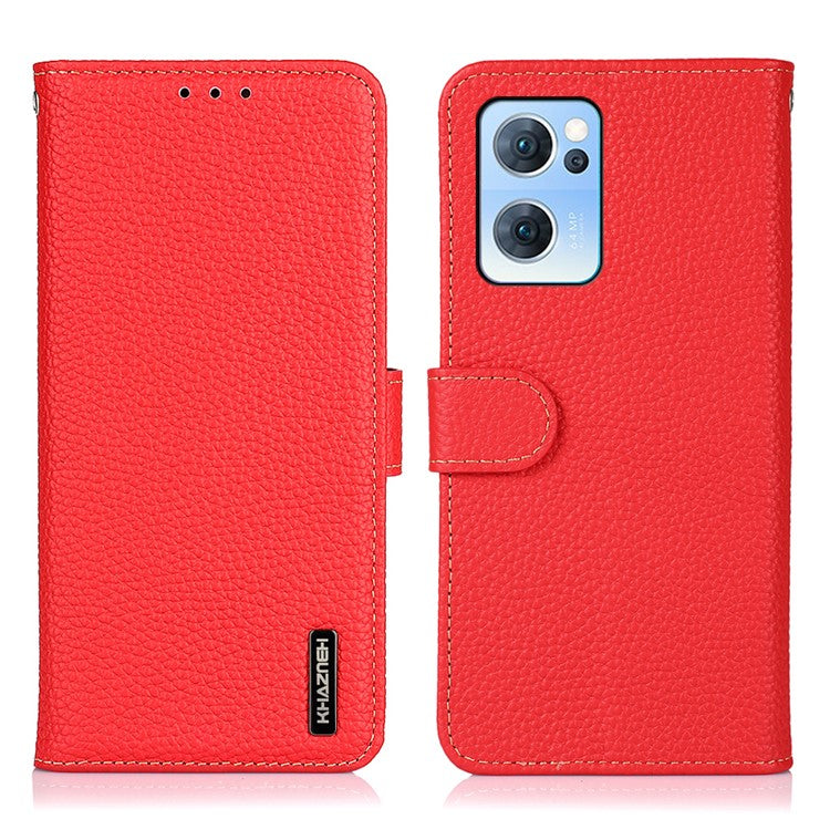 KHAZNEH Litchi Texture Top Layer Genuine Leather Cover Flip Book Stand Shockproof Wallet Phone Case for Oppo Reno7 5G (China) - Red