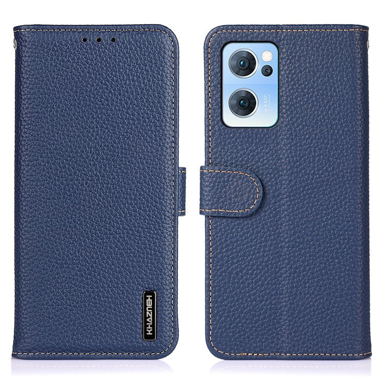 KHAZNEH Litchi Texture Top Layer Genuine Leather Cover Flip Book Stand Shockproof Wallet Phone Case for Oppo Reno7 5G (China) - Blue