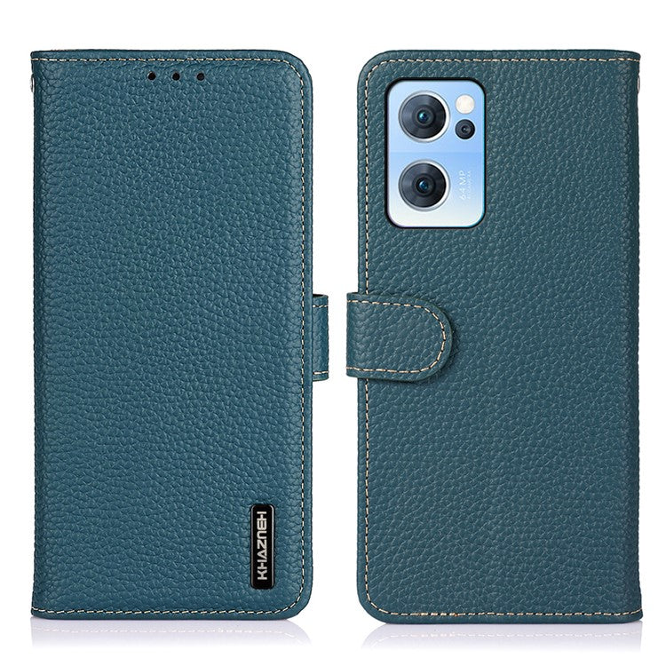 KHAZNEH Litchi Texture Top Layer Genuine Leather Cover Flip Book Stand Shockproof Wallet Phone Case for Oppo Reno7 5G (China) - Green