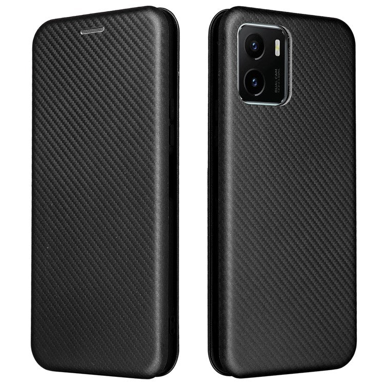 Carbon Fiber Texture PU Leather Case Stand Card Slot Magnetic Auto Closing Phone Case Shell for vivo Y15s / Y15a - Black