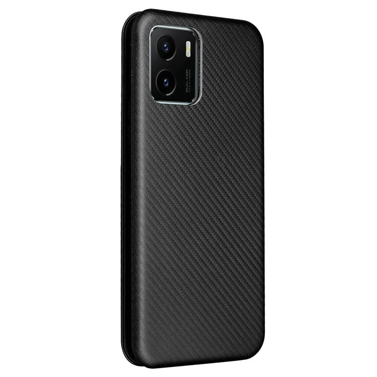 Carbon Fiber Texture PU Leather Case Stand Card Slot Magnetic Auto Closing Phone Case Shell for vivo Y15s / Y15a - Black