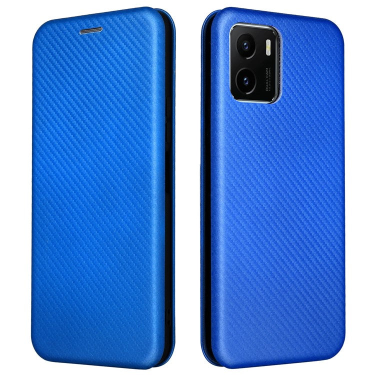 Carbon Fiber Texture PU Leather Case Stand Card Slot Magnetic Auto Closing Phone Case Shell for vivo Y15s / Y15a - Blue