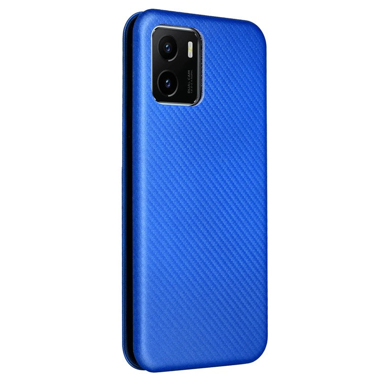 Carbon Fiber Texture PU Leather Case Stand Card Slot Magnetic Auto Closing Phone Case Shell for vivo Y15s / Y15a - Blue