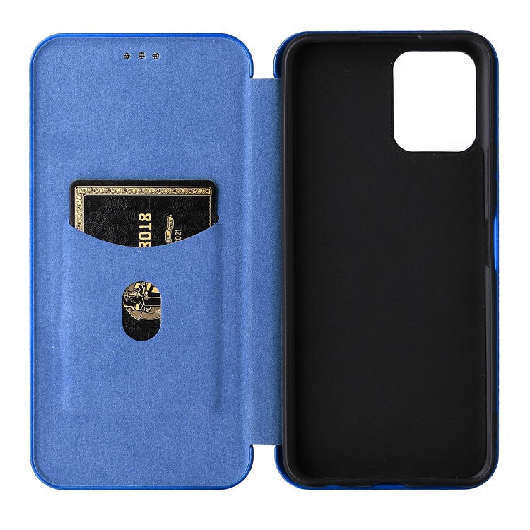 Carbon Fiber Texture PU Leather Case Stand Card Slot Magnetic Auto Closing Phone Case Shell for vivo Y15s / Y15a - Blue