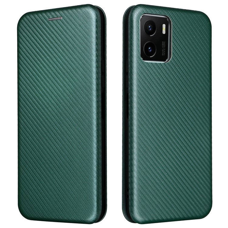 Carbon Fiber Texture PU Leather Case Stand Card Slot Magnetic Auto Closing Phone Case Shell for vivo Y15s / Y15a - Green