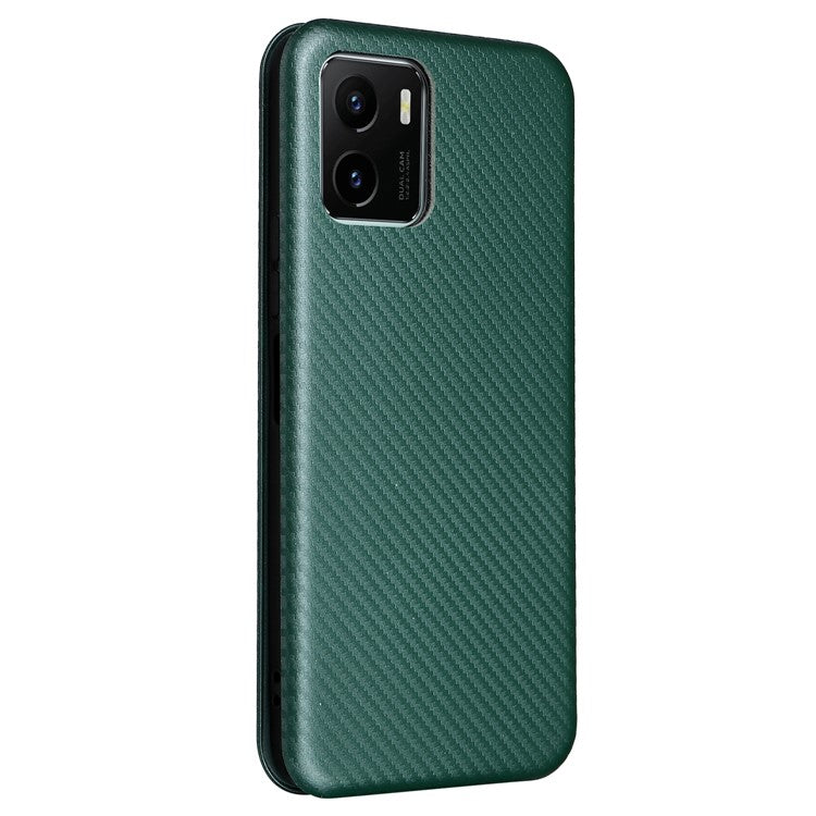 Carbon Fiber Texture PU Leather Case Stand Card Slot Magnetic Auto Closing Phone Case Shell for vivo Y15s / Y15a - Green