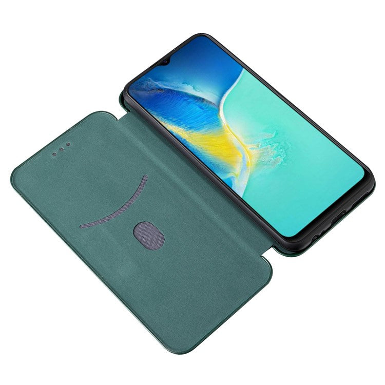 Carbon Fiber Texture PU Leather Case Stand Card Slot Magnetic Auto Closing Phone Case Shell for vivo Y15s / Y15a - Green