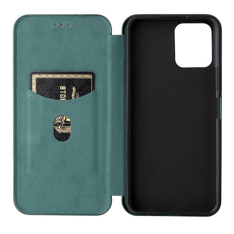 Carbon Fiber Texture PU Leather Case Stand Card Slot Magnetic Auto Closing Phone Case Shell for vivo Y15s / Y15a - Green