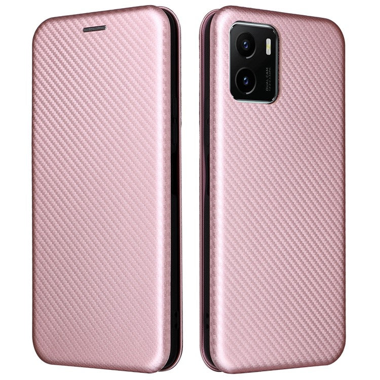 Carbon Fiber Texture PU Leather Case Stand Card Slot Magnetic Auto Closing Phone Case Shell for vivo Y15s / Y15a - Rose Gold