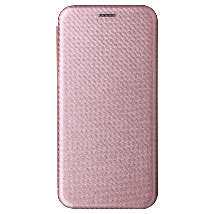 Carbon Fiber Texture PU Leather Case Stand Card Slot Magnetic Auto Closing Phone Case Shell for vivo Y15s / Y15a - Rose Gold