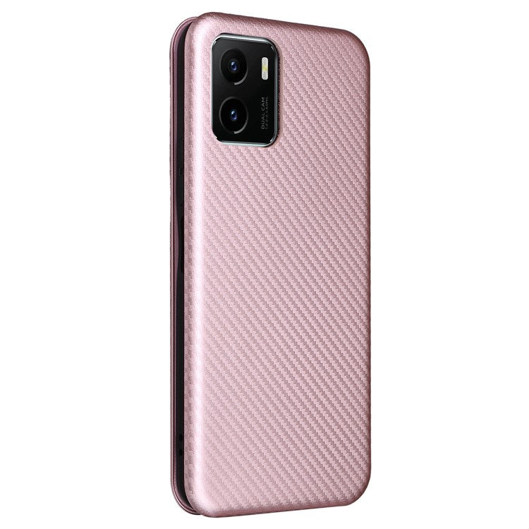 Carbon Fiber Texture PU Leather Case Stand Card Slot Magnetic Auto Closing Phone Case Shell for vivo Y15s / Y15a - Rose Gold