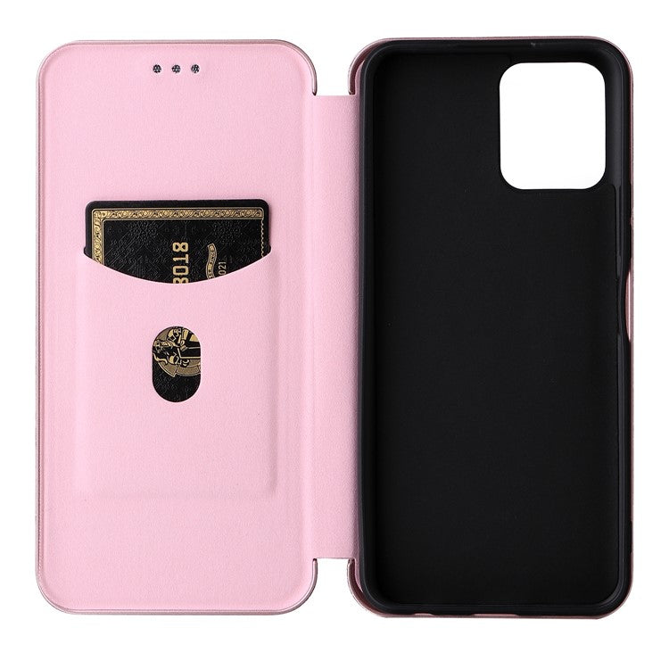 Carbon Fiber Texture PU Leather Case Stand Card Slot Magnetic Auto Closing Phone Case Shell for vivo Y15s / Y15a - Rose Gold