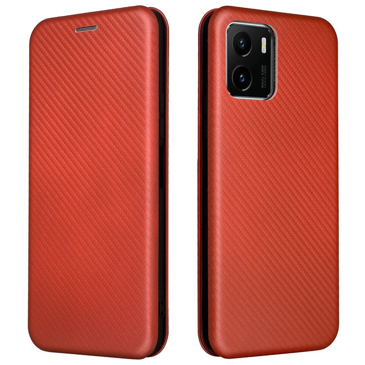 Carbon Fiber Texture PU Leather Case Stand Card Slot Magnetic Auto Closing Phone Case Shell for vivo Y15s / Y15a - Orange