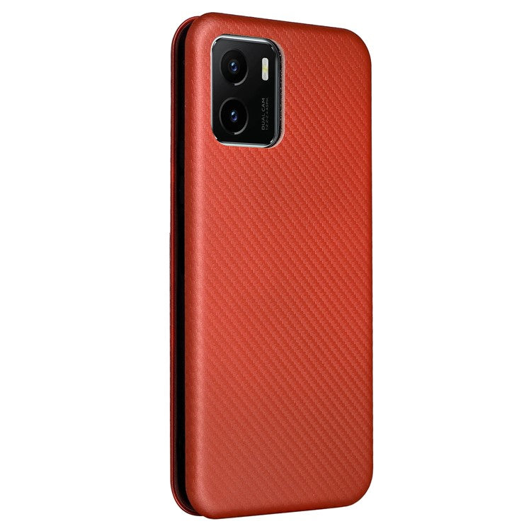 Carbon Fiber Texture PU Leather Case Stand Card Slot Magnetic Auto Closing Phone Case Shell for vivo Y15s / Y15a - Orange