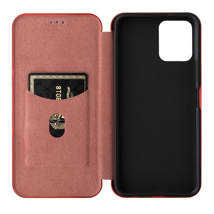 Carbon Fiber Texture PU Leather Case Stand Card Slot Magnetic Auto Closing Phone Case Shell for vivo Y15s / Y15a - Orange