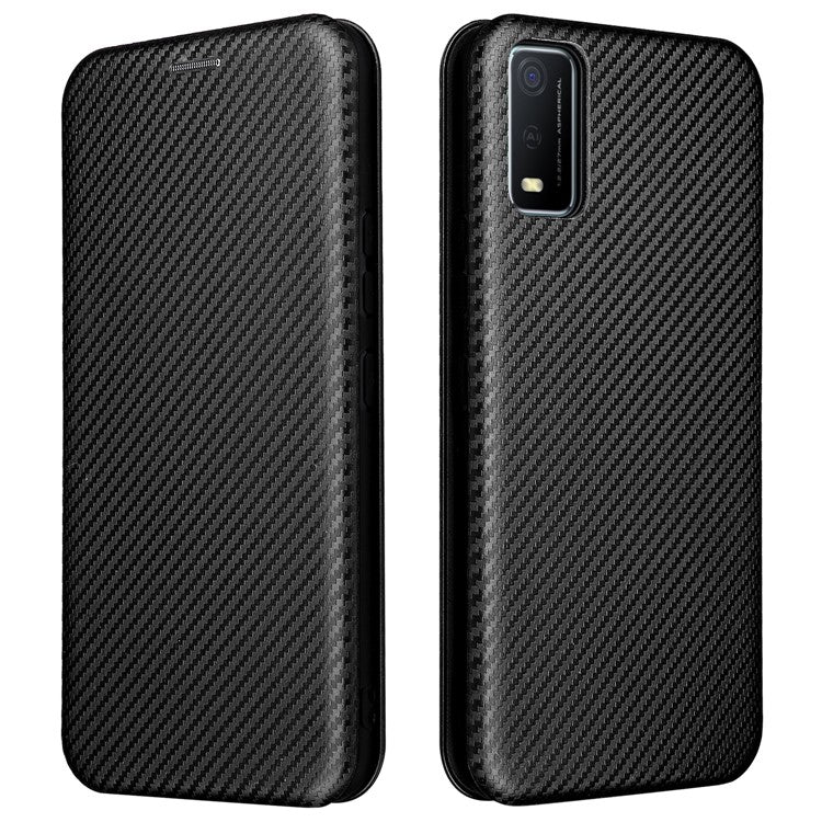 Carbon Fiber Texture Magnetic Auto Closing PU Leather Phone Case Cover with Stand and Card Slot for vivo Y3s (2021) - Black