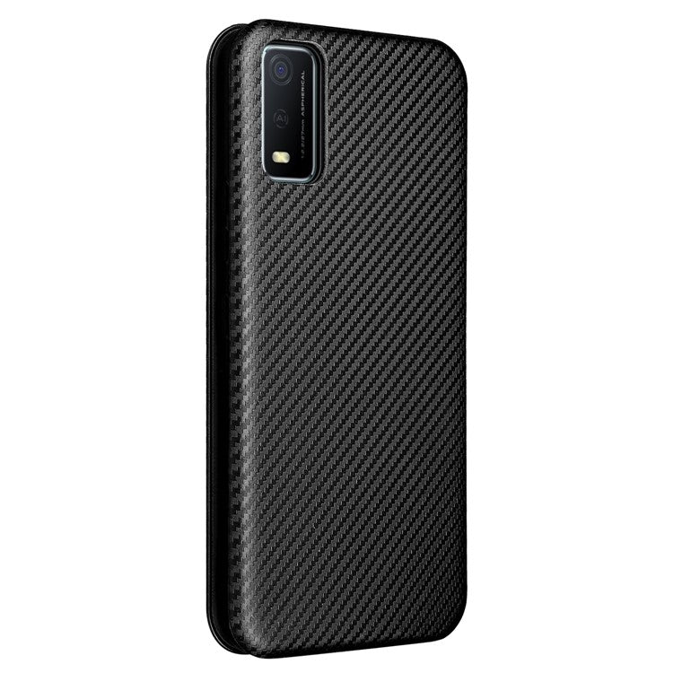 Carbon Fiber Texture Magnetic Auto Closing PU Leather Phone Case Cover with Stand and Card Slot for vivo Y3s (2021) - Black