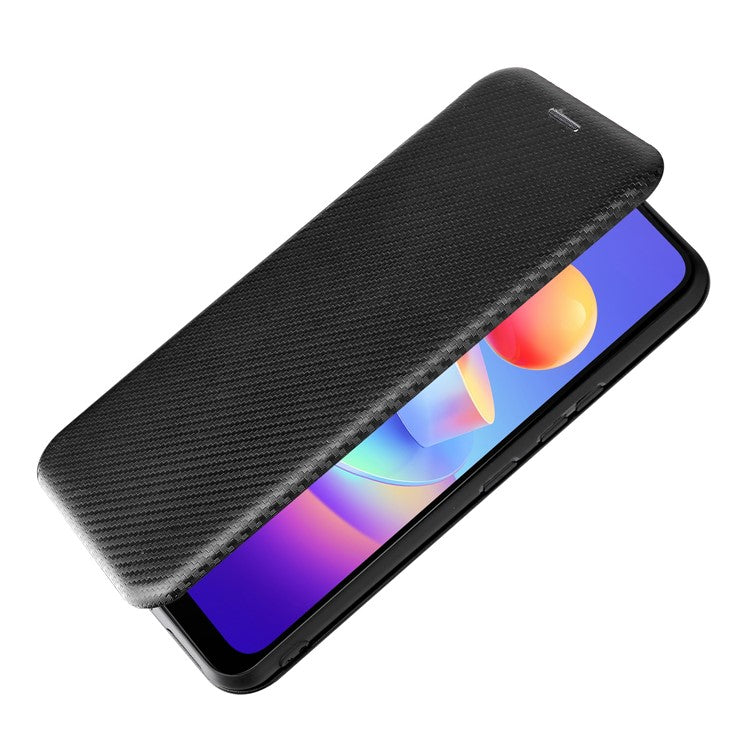 Carbon Fiber Texture Magnetic Auto Closing PU Leather Phone Case Cover with Stand and Card Slot for vivo Y3s (2021) - Black