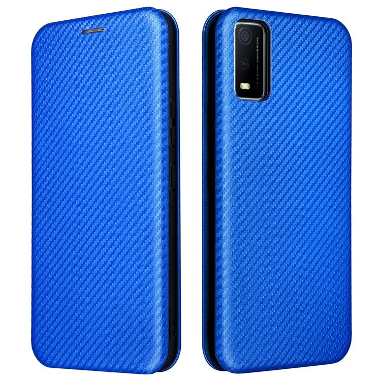 Carbon Fiber Texture Magnetic Auto Closing PU Leather Phone Case Cover with Stand and Card Slot for vivo Y3s (2021) - Blue