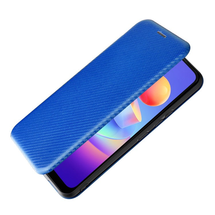 Carbon Fiber Texture Magnetic Auto Closing PU Leather Phone Case Cover with Stand and Card Slot for vivo Y3s (2021) - Blue