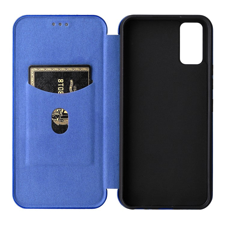 Carbon Fiber Texture Magnetic Auto Closing PU Leather Phone Case Cover with Stand and Card Slot for vivo Y3s (2021) - Blue