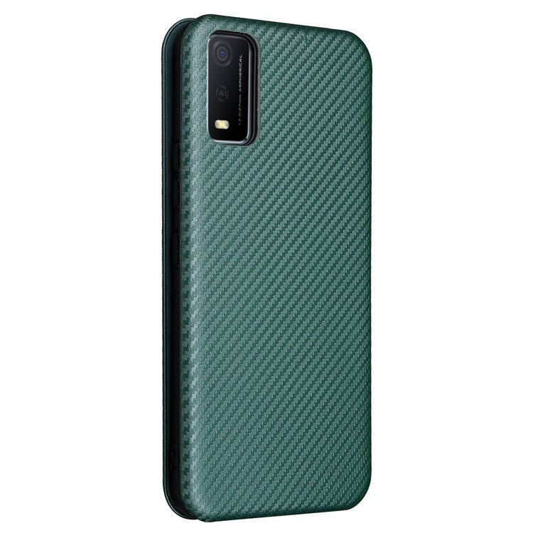 Carbon Fiber Texture Magnetic Auto Closing PU Leather Phone Case Cover with Stand and Card Slot for vivo Y3s (2021) - Green