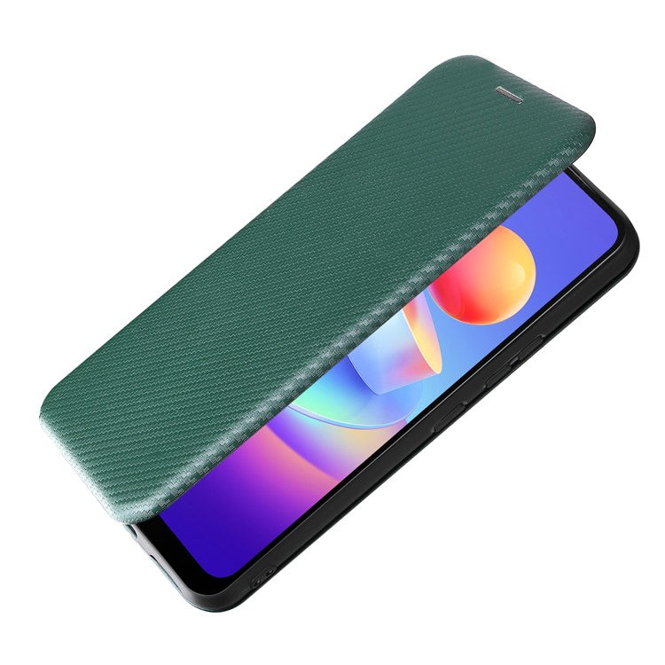 Carbon Fiber Texture Magnetic Auto Closing PU Leather Phone Case Cover with Stand and Card Slot for vivo Y3s (2021) - Green