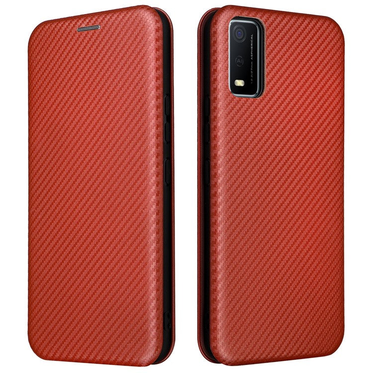 Carbon Fiber Texture Magnetic Auto Closing PU Leather Phone Case Cover with Stand and Card Slot for vivo Y3s (2021) - Orange