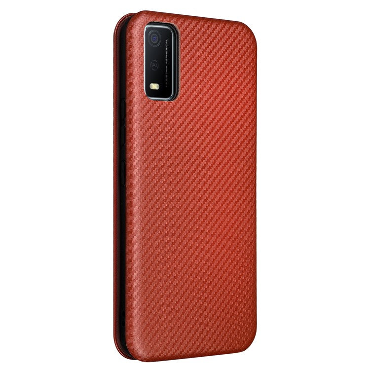 Carbon Fiber Texture Magnetic Auto Closing PU Leather Phone Case Cover with Stand and Card Slot for vivo Y3s (2021) - Orange